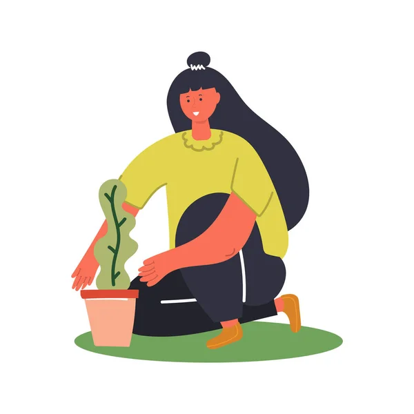 Mujer Dibujada Mano Planta Árbol Planta Jardín Ilustración Plana Concepto — Vector de stock