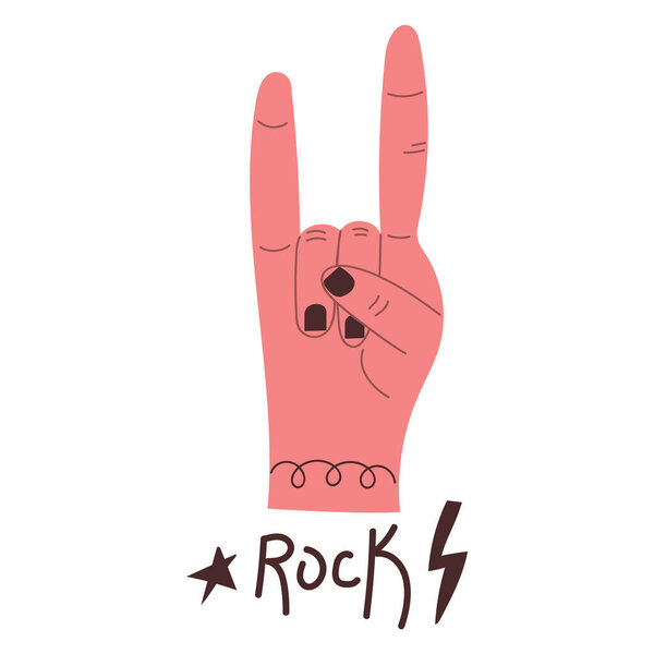 Hand drawn Rock or Heavy Metal hand sign, two fingers up. Flat illustration.