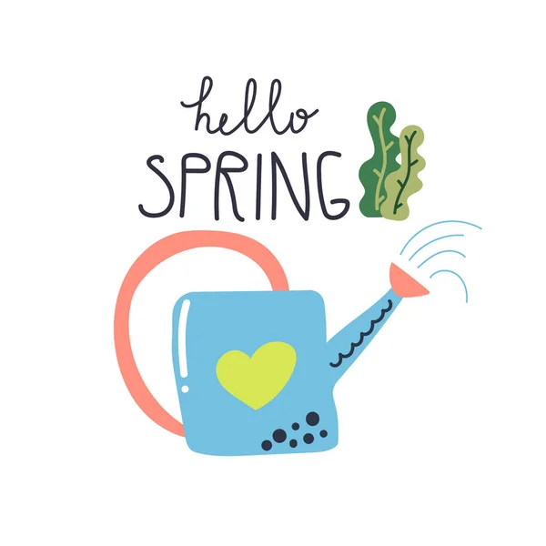 Hand Drawn Watering Can Text Hello Spring Gardening Concept Flat — Stock Vector