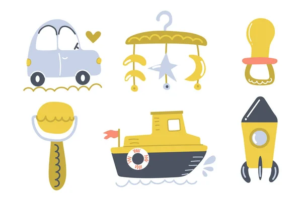 Рисуют Детские Игрушки Автомобиль Мобильный Корабль Пацифист Ракету Грохот Дизайн Стоковая Иллюстрация