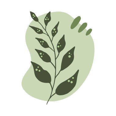 İskandinav tarzı ve yeşil renklerde yaprakları olan el çizimi asgari soyut dal. Düz Çizim.