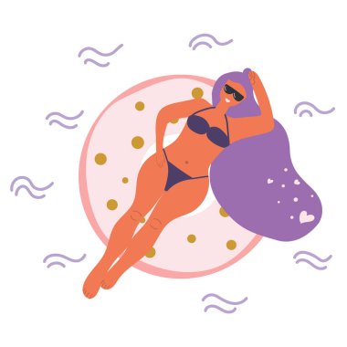 Güneş gözlüklü güzel kız yüzme havuzunda yüzüyor, yaz tatili konsepti. Düz Çizim.