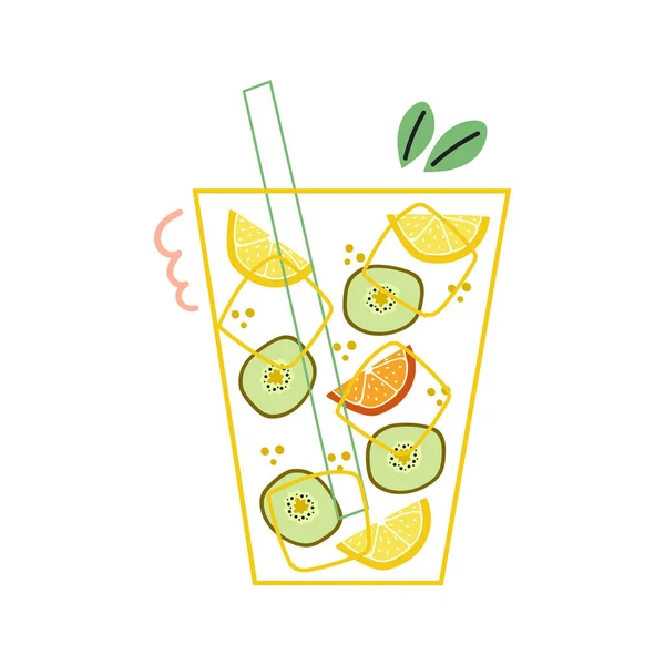 Bicchiere Con Ghiaccio Fetta Kiwi Limone Fetta Arancia Cocktail Limonata — Vettoriale Stock