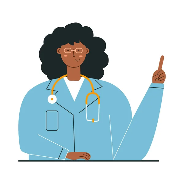 Retrato Mulher Sorridente Afro Americana Jovem Médica Vestindo Casaco Azul —  Vetores de Stock