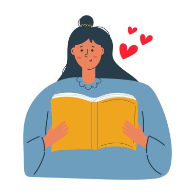 Şirin kız gülümse ve büyük kitabı tut. Okuma konseptini seviyorum. Kitap severler günü..