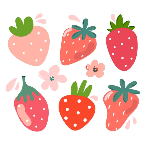 Ensemble Fraises Dessinées Main Mignonne Baie Illustration Moderne — Image vectorielle