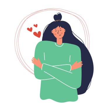 Kendini sev konsepti. Kız kendini kucaklıyor. Kendine zaman ayır. Düz Çizim.