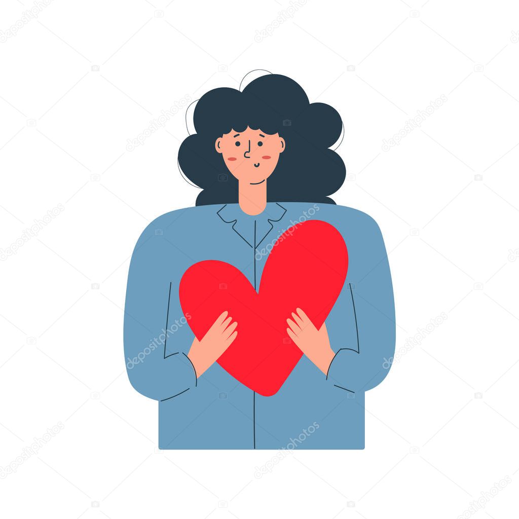 woman holding big heart in her hands and smiling. Valentines day, love, donation, love yourself concept.
