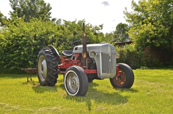 Old Ford gray tractor parked in the grass