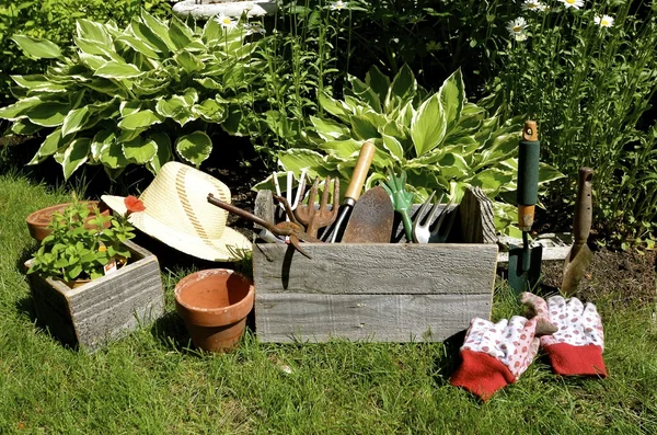 Caja de herramientas de jardín y parafanelia — Foto de Stock