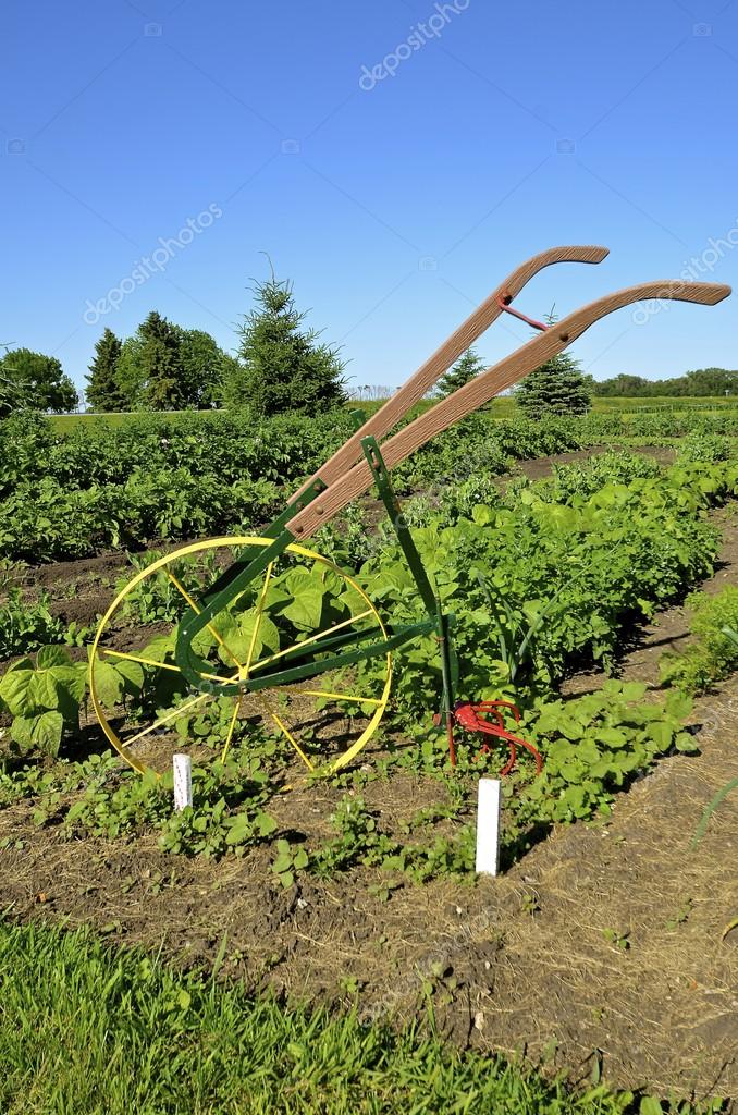 Vintage Hand Push Cultivator Old Garden Wheeled Hoe Stock