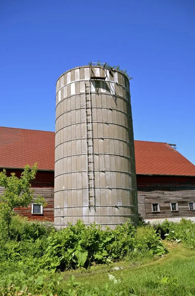 Foilage grows around old silo and barn — Stock Photo, Image
