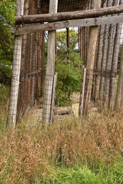 Çok eski bir ahşap hava kurutucu mısır beşiği güçlü tel ile direklere bağlı güvenilmez bir şekilde eğiliyor..