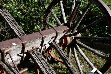 Ahşap tekerleklere yakın çekimde yaşlı bir at nesneleri taşımak için römork çekti.