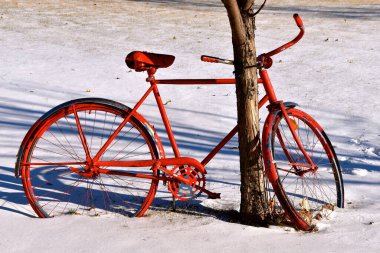 Eski kırmızı bir motorsiklet kış mevsiminde bir ağaca zincirlenir..