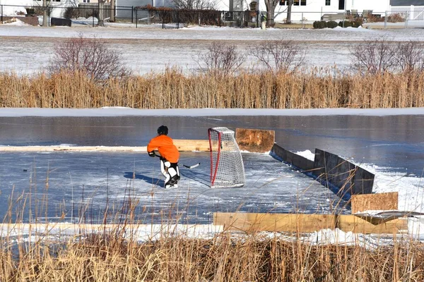 Outdoor Skating Rink Creation Pond Suburban Housing Development Youthful Goalie — Stock Photo, Image