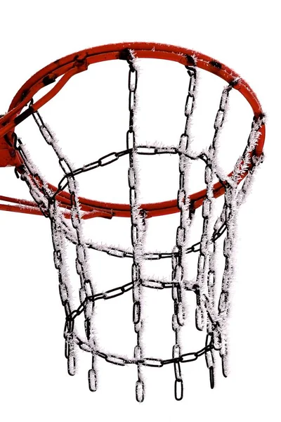 Частицы Серого Льда Покрывают Проволочную Сетку Наружной Баскетбольной Сети Туманную — стоковое фото
