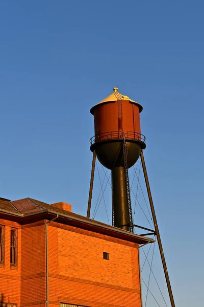 Early Morning Sun Rays Shine Old Town Water Tower Three — Stock Photo, Image