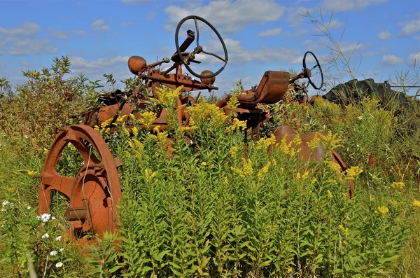 Régi traktor körül fű és gyomnövények — Stock Fotó