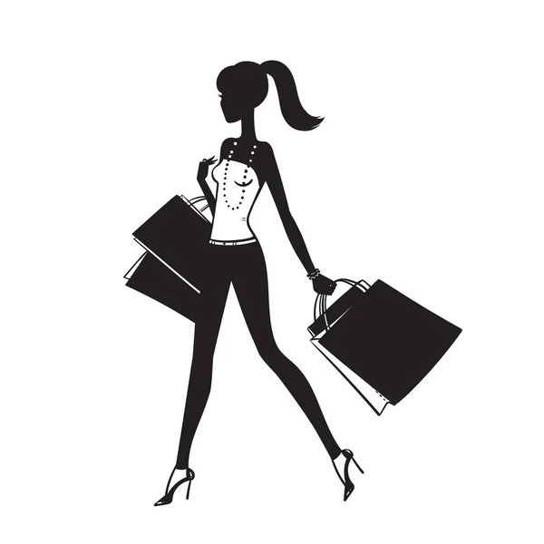 Silhouette noire d'une belle jeune femme shopping.Marketing poster.Isolated Illustration de stock sur fond blanc. — Image vectorielle