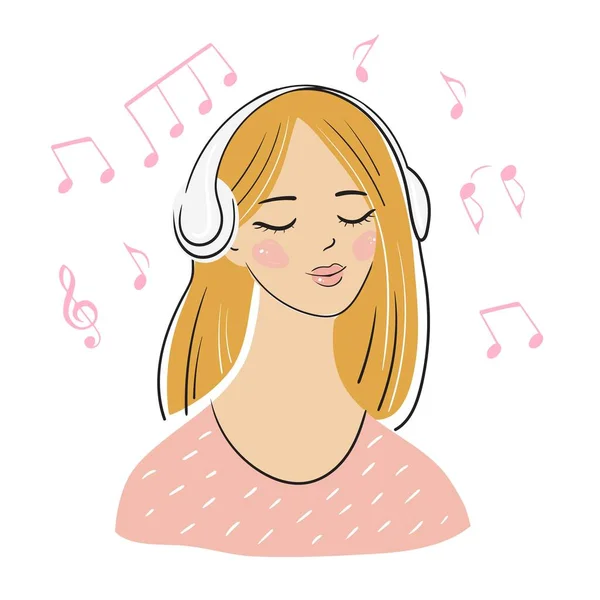 Mooie jonge vrouw in koptelefoon luisteren naar favoriete muziek en glimlachen. Platte vectorillustratie. Cartoon karakters geïsoleerd op witte achtergrond. — Stockvector