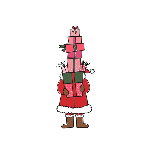 Jultomten bär många gåvor. Stock illustration isolerad på vit bakgrund. Handritning av ett semesterkort.Julhelg koncept, nytt år — Stock vektor