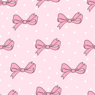 Pembe fiyonklu, kurdeleli ve noktalı kusursuz desen. Resim. Paketleme ve tasarım için şenlik arka planı..