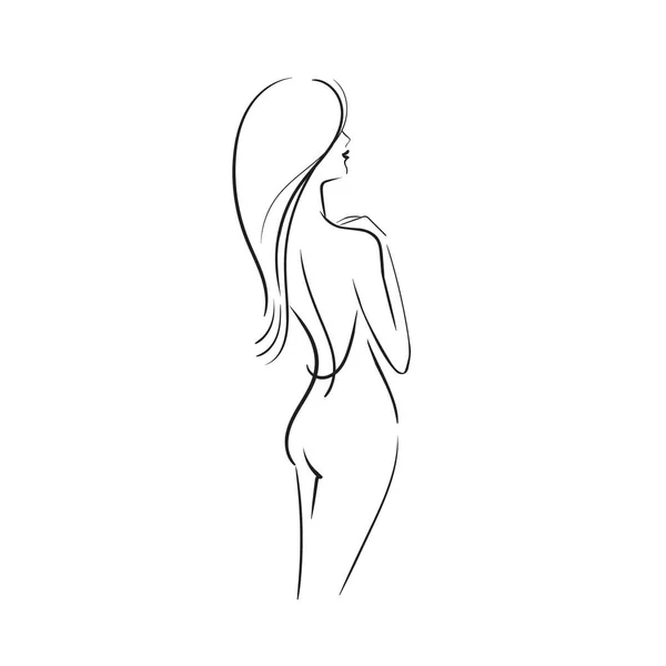 Portrait de jeune belle femme avec accessoires, modèle debout avec son dos.Illustration de mode dessinée à la main dans un style esquisse isolé sur fond blanc. Croquis Illustration vectorielle de stock. — Image vectorielle
