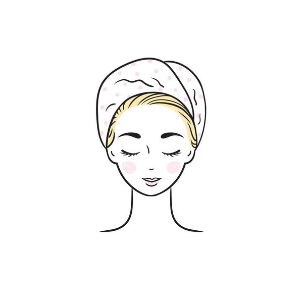 Mujer joven con una toalla en la cabeza. Retrato de mujer hermosa dibujado a mano. Ilustración de bocetos. Concepto de belleza Spa. Línea chica aislada sobre un fondo blanco. — Vector de stock