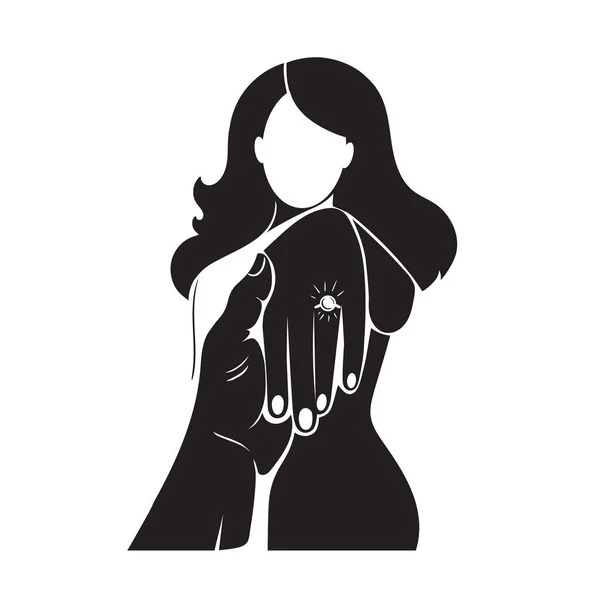 Pertunangan. Silhouette Young wanita dan manusia. Tangan dengan cincin. Ilustrasi saham hitam dan putih diisolasi pada latar belakang putih. Siluet dari pasangan jatuh cinta. Pengantin wanita dan cincin emas.. - Stok Vektor