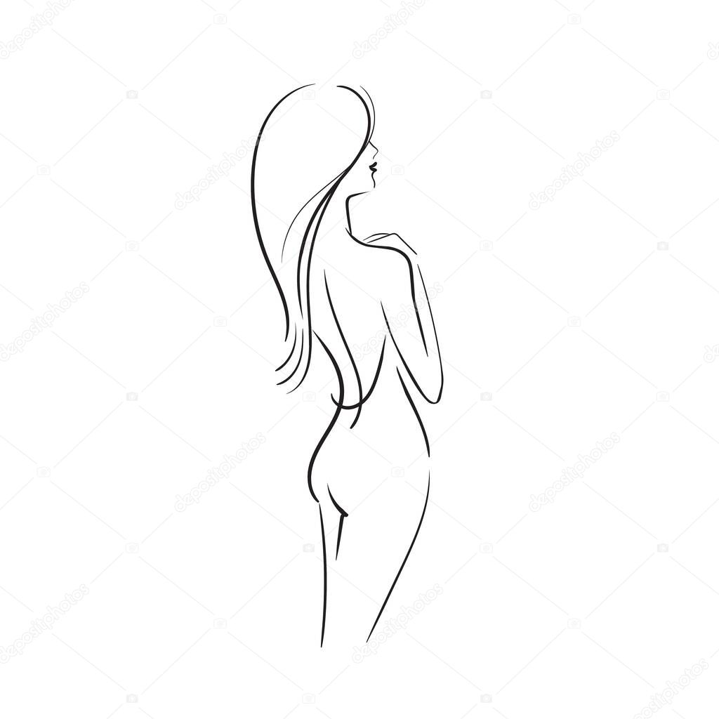 Portrait of young beautiful woman with accessories, model standing with his back.Hand-drawn Fashion illustration in sketch style isolated on white background.