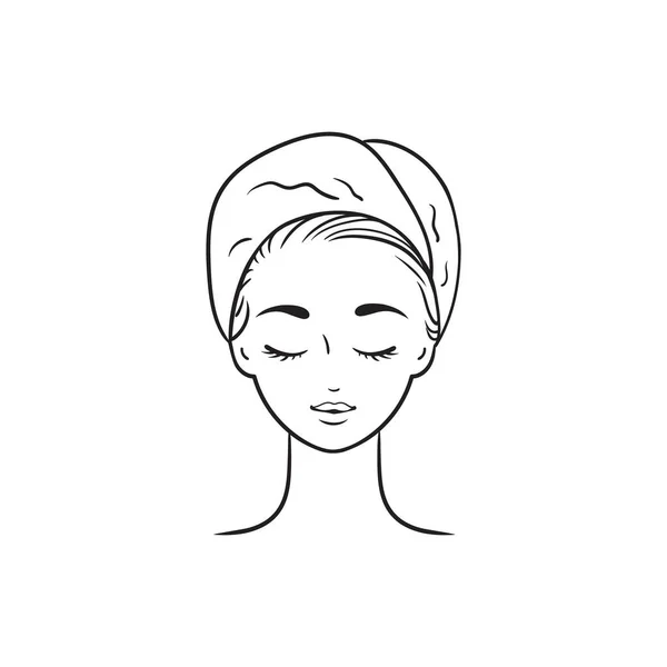 Jeune femme dans une serviette sur sa tête.Portrait de femme dessiné à la main. Illustration vectorielle de croquis. Spa concept de beauté. Ligne fille isolé sur un fond blanc. visage abstrait plein visage. — Image vectorielle