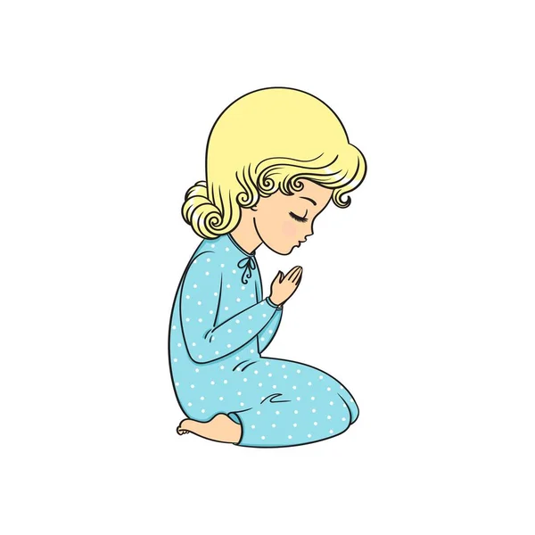 Μικρό χαριτωμένο κορίτσι γονατίζει προσεύχεται.Διάνυσμα Εικονογράφηση αρχείου που απομονώνονται σε λευκό φόντο. — Διανυσματικό Αρχείο