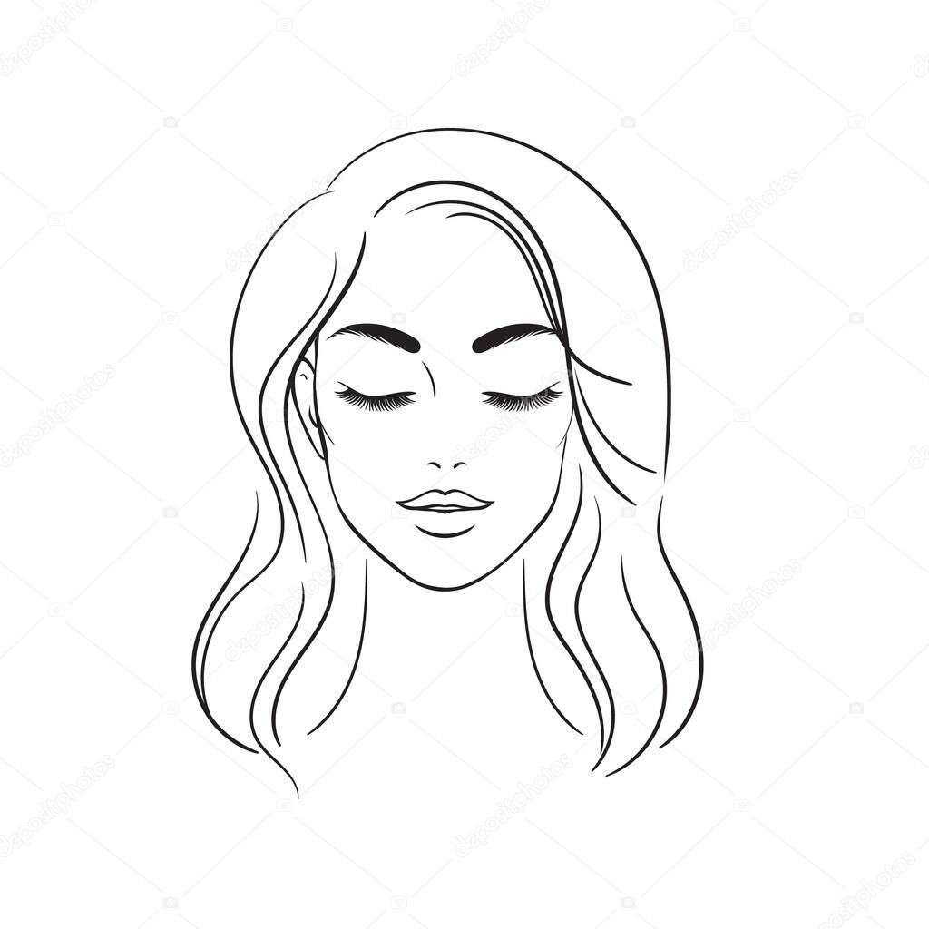 Young woman face. Beautiful girl face isolated on a white background.Stock illustration. Glamour fashion beauty woman face illustration.Linear picture.