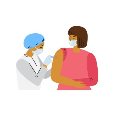 Coronavirus aşısı, doktor, hasta. Covid-19 'a karşı aşılama süreci. İzole edilmiş düz vektör çizimi beyaz arkaplanda izole edildi..