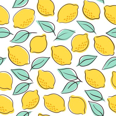 Sarı limon ve limon yapraklı vektör tropikal desen. Beyaz arka planda elle çizilmiş limon deseni. Meyve yinelenen arkaplan, kumaş, duvar kağıdı, tasarım, parti kağıdı için parlak baskı.