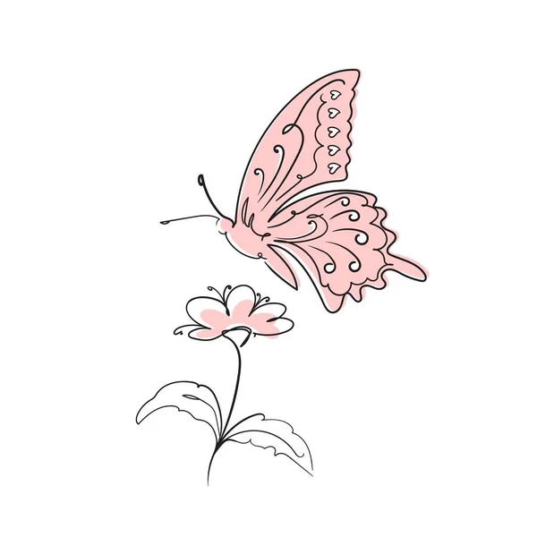 Butterfly Surreal Continuous line and flower.Collect nectar.Stock vector illustration isolated on white background. — Stockvector