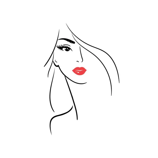 Hermosa cara de mujer con labios rojos. Ilustración lineal. Ilustración de stock aislada sobre fondo blanco. Vector Sketch. Pestañas largas. — Archivo Imágenes Vectoriales