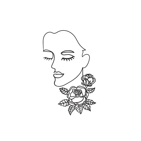 女性は花で連続線画に直面します。要約最小限の女性の肖像画。ロゴ、アイコン、ラベル。白い背景に隔離されたストックベクトルイラスト. — ストックベクタ