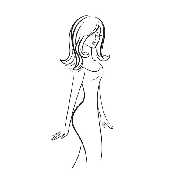 Όμορφη γυναίκα με φόρεμα απομονωμένη σε λευκό φόντο. Ασπρόμαυρη γραμμική απεικόνιση. Εικόνα διανύσματος αποθέματος. — Διανυσματικό Αρχείο