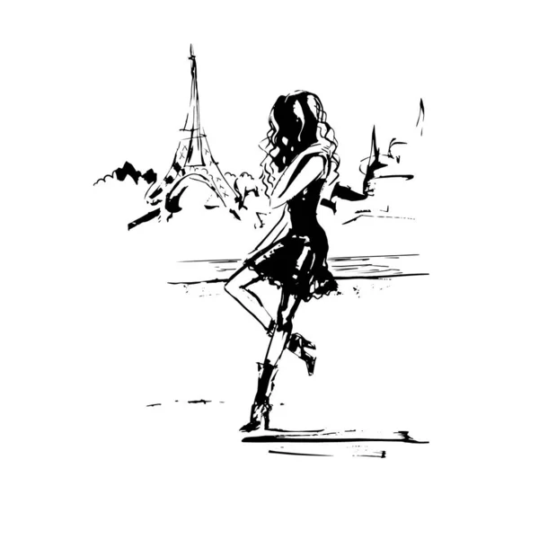 Mulher de desenho à mão e Torre Eiffel. Conceito França. Paris. Ilustração vetorial em preto e branco isolada sobre fundo branco. — Vetor de Stock