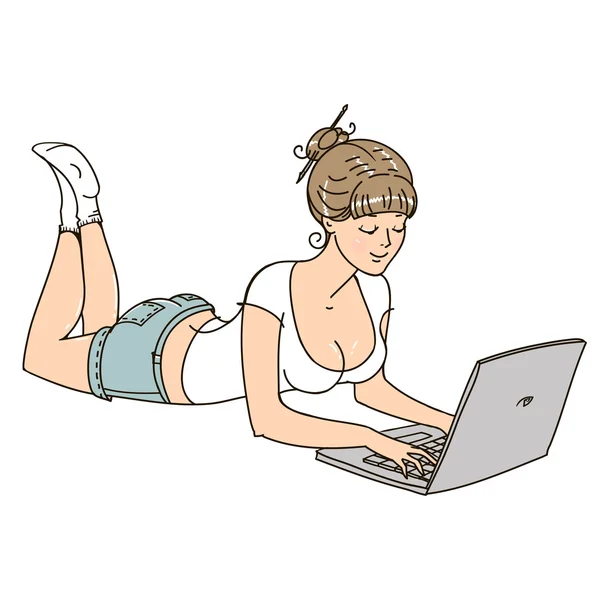 Menina bonito com laptop — Vetor de Stock