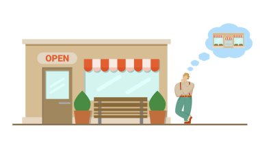 Adam dükkanın yanında duruyor ve daha büyük bir dükkan alıp işini genişletmeyi düşünüyor. Düz biçimli vektör illüstrasyonu