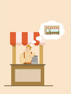 Adam daha büyük bir dükkan almak ve işini genişletmek için küçük bir sokak tepsisinde ürün ve hayaller satıyor. Düz biçimli vektör illüstrasyonu