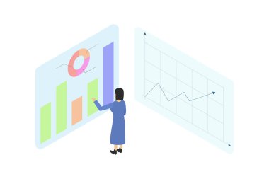 Kadın verileri analiz eder ya da rapor sunar. Isometry illüstrasyonu