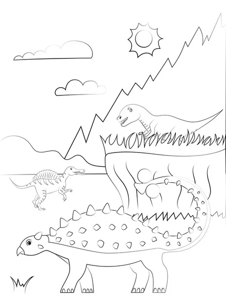 Kolorowanki Zarys Strony Dinozaura Tle Natury Ilustracja Wektora — Wektor stockowy