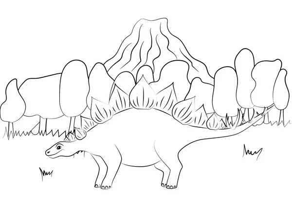 Pewarnaan Halaman Garis Besar Dinosaurus Latar Belakang Alam Ilustrasi Vektor - Stok Vektor
