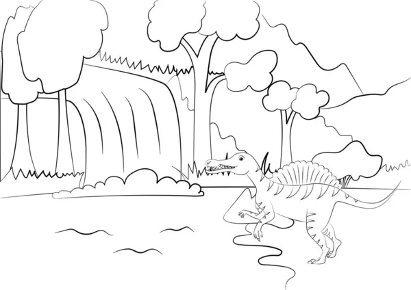Kolorowanki Zarys Strony Dinozaura Tle Natury Ilustracja Wektora — Wektor stockowy