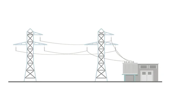 Linie Energetyczne Budynek Podstacji Transformatorowej Płaska Ilustracja Wektor Izolowane Białym — Wektor stockowy