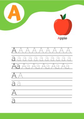 A harfi, elma resmi ve yedi satır A harfi yazma pratiği. El yazısı pratiği ve alfabe öğrenmesi. Vektör illüstrasyonu.